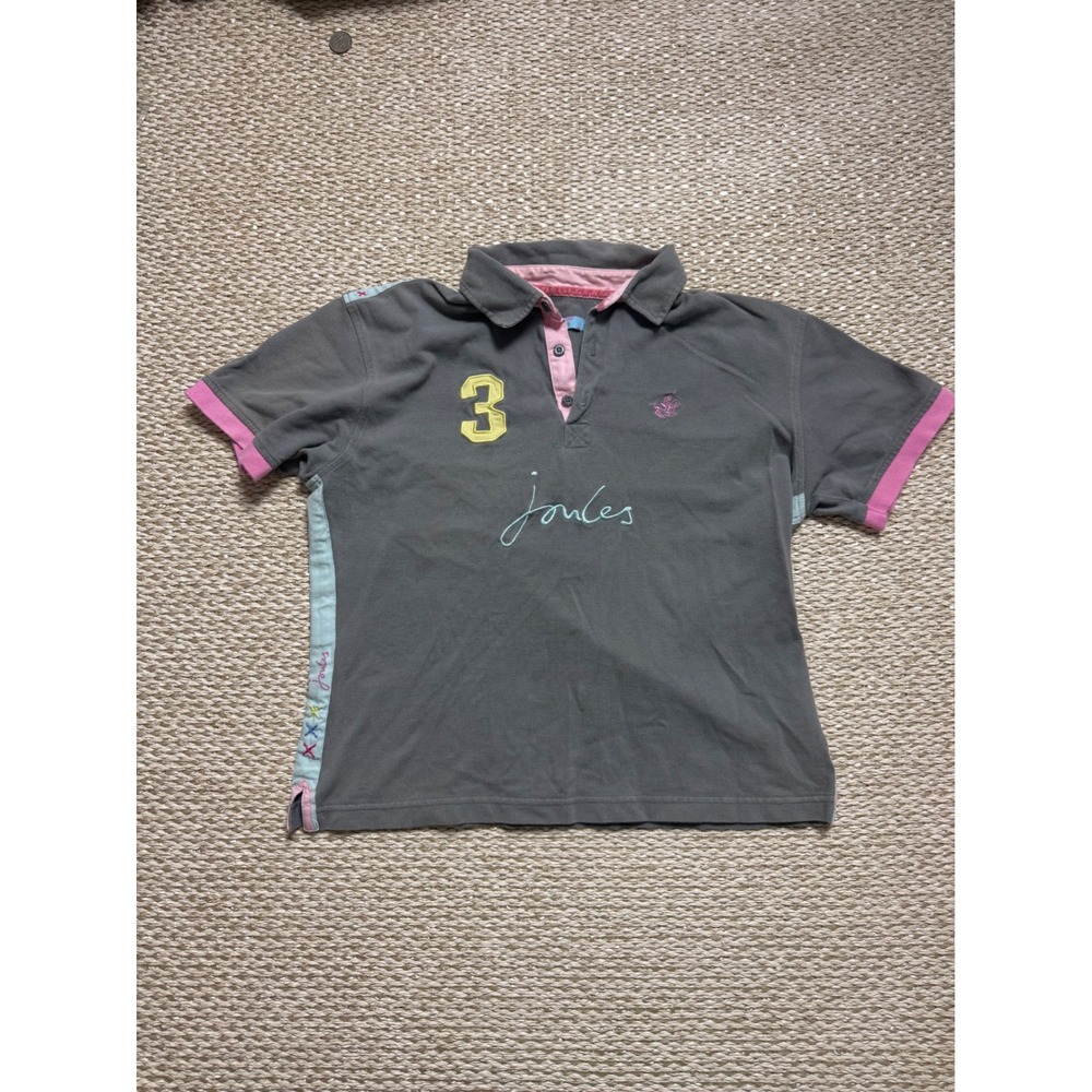 Joules‎ Womens Gray Polo Shirt Equestrian Number 3 Pink Accents Size 16 UK 44 EU